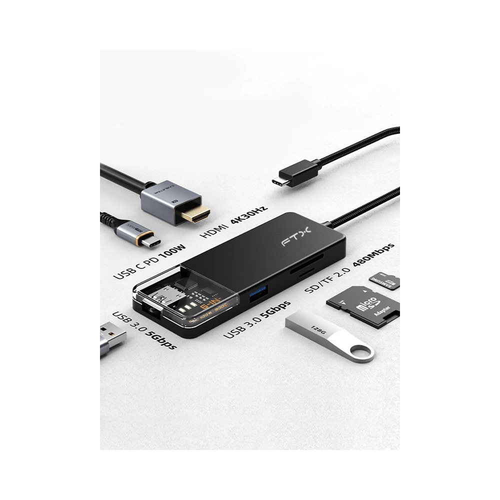 HUB 6 EN 1 FTX - USB-C - HDMI/USB-A/USB-C/SD FTX-HUBT4-PB 4K/30HZ/100W/5GBPS - 115526