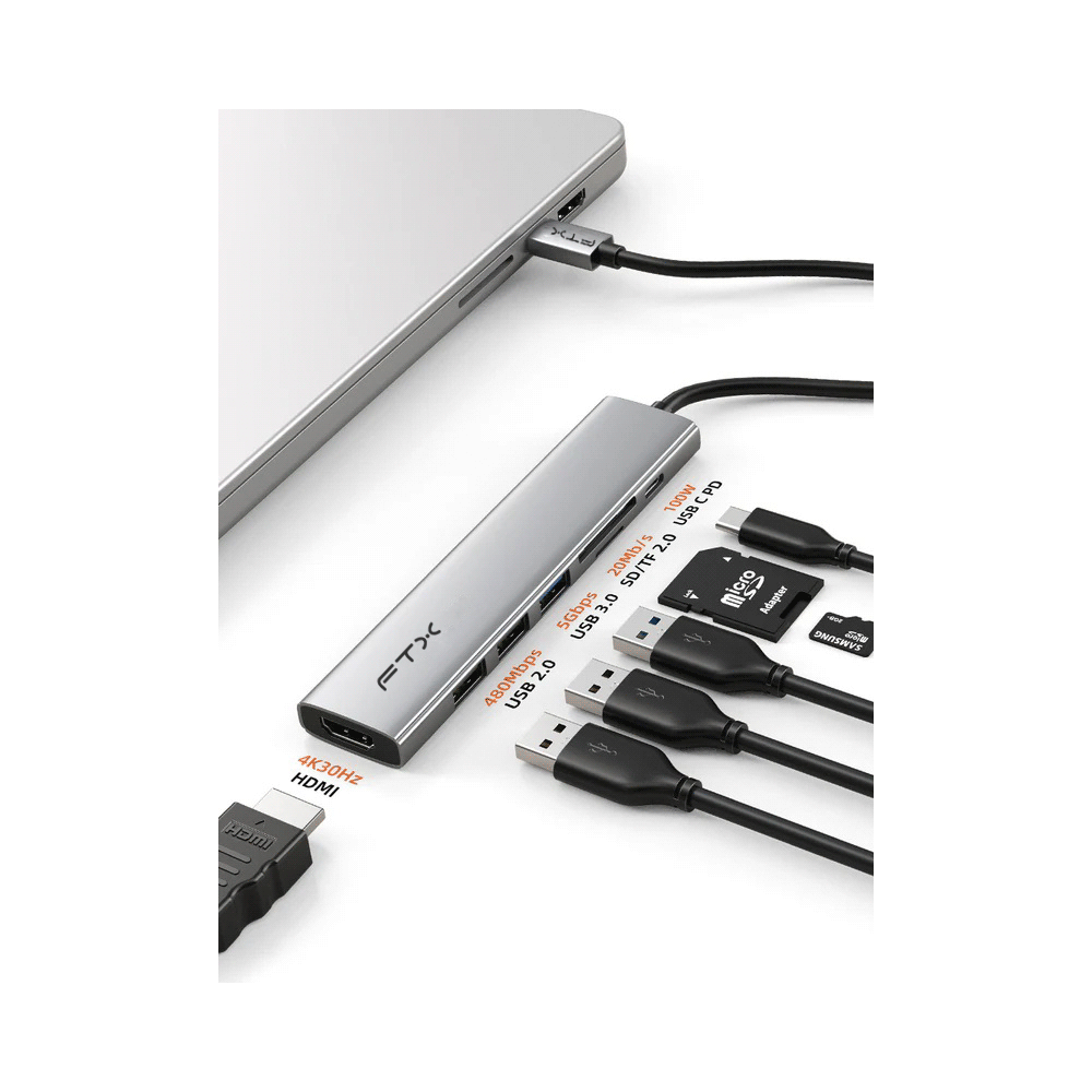 HUB 7 EN 1 FTX - USB-C - HDMI/USB-A/USB-C/SD FTX-HBP2-AG7 4K/30HZ/100W/5GBPS - 115564-