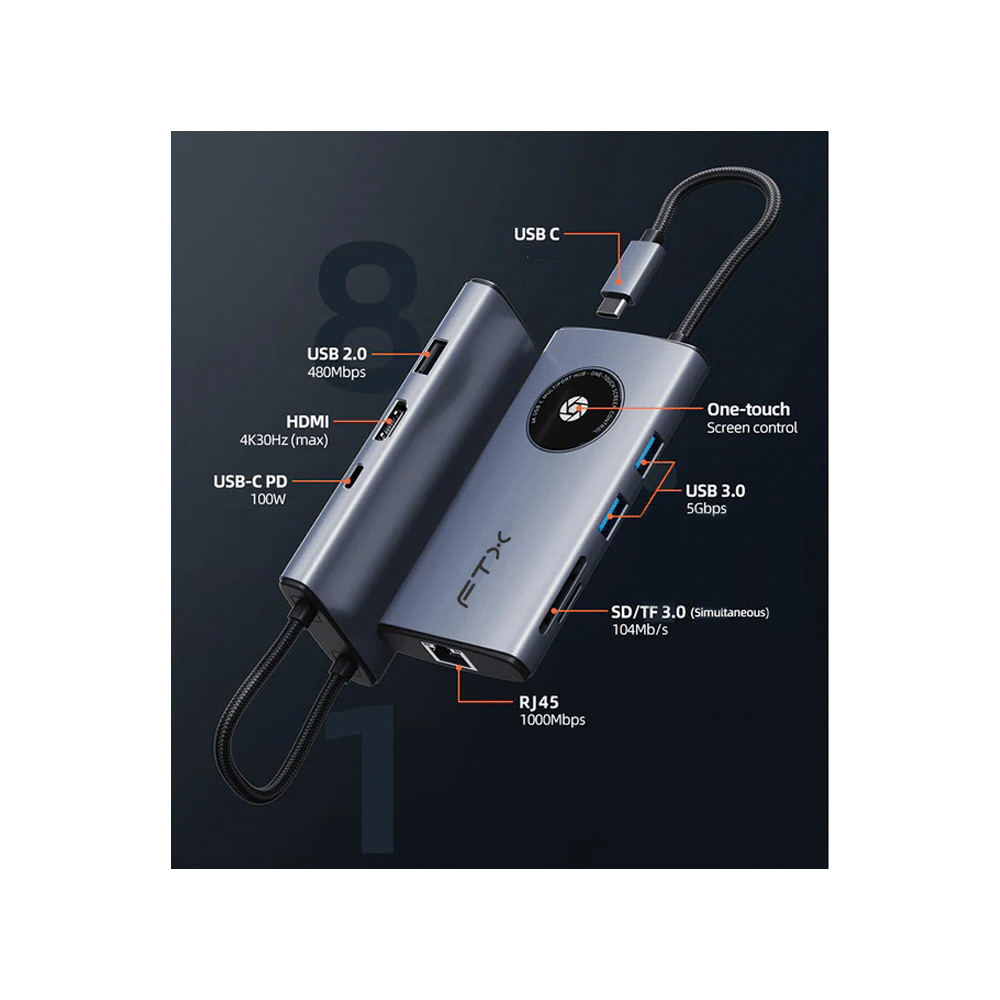 HUB 8 EN 1 FTX -  USB-C - HDMI/RJ45/USB-A/USB-C/SD FTX-HUBL3-AG 4K/30HZ/1GBPS/100W/5GBPS - 115502